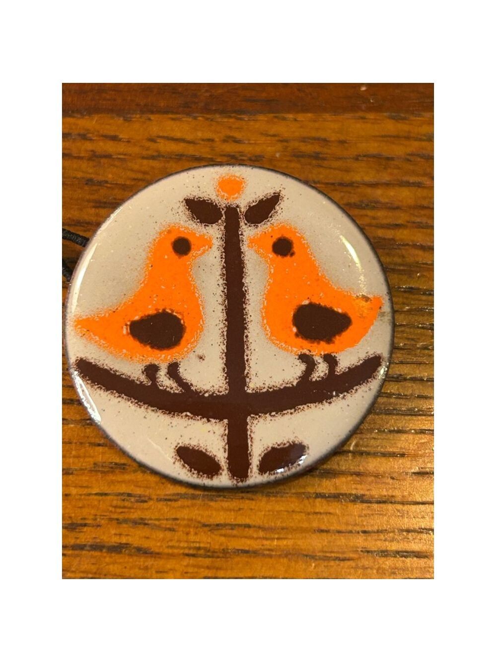 Women's circa ‘60’s copper painted enamel brooch Love Birds Orange White